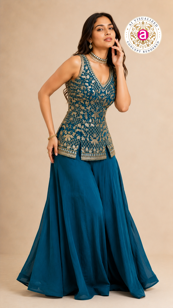 Teal Blue Indo-Western Palazzo Set with Embroidered Peplum Top
