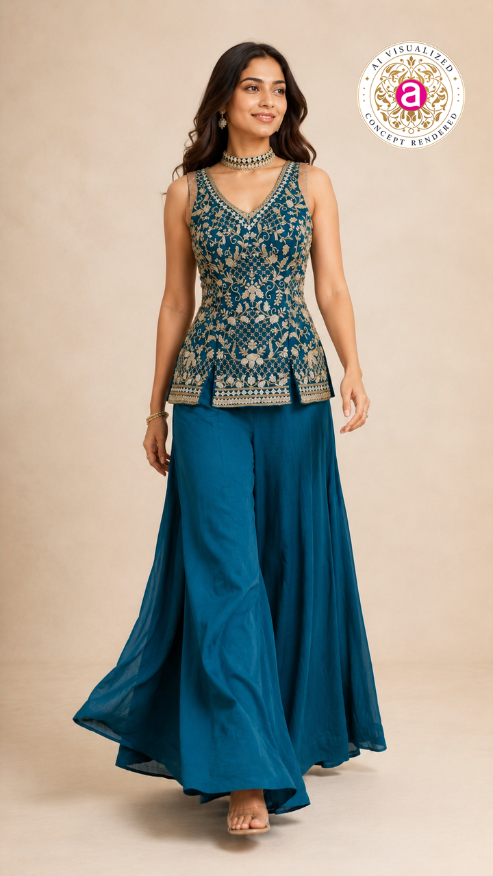 Teal Blue Indo-Western Palazzo Set with Embroidered Peplum Top