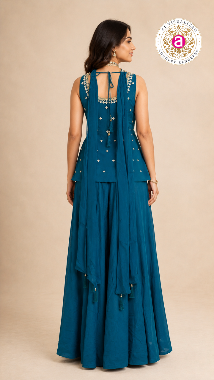 Teal Blue Indo-Western Palazzo Set with Embroidered Peplum Top