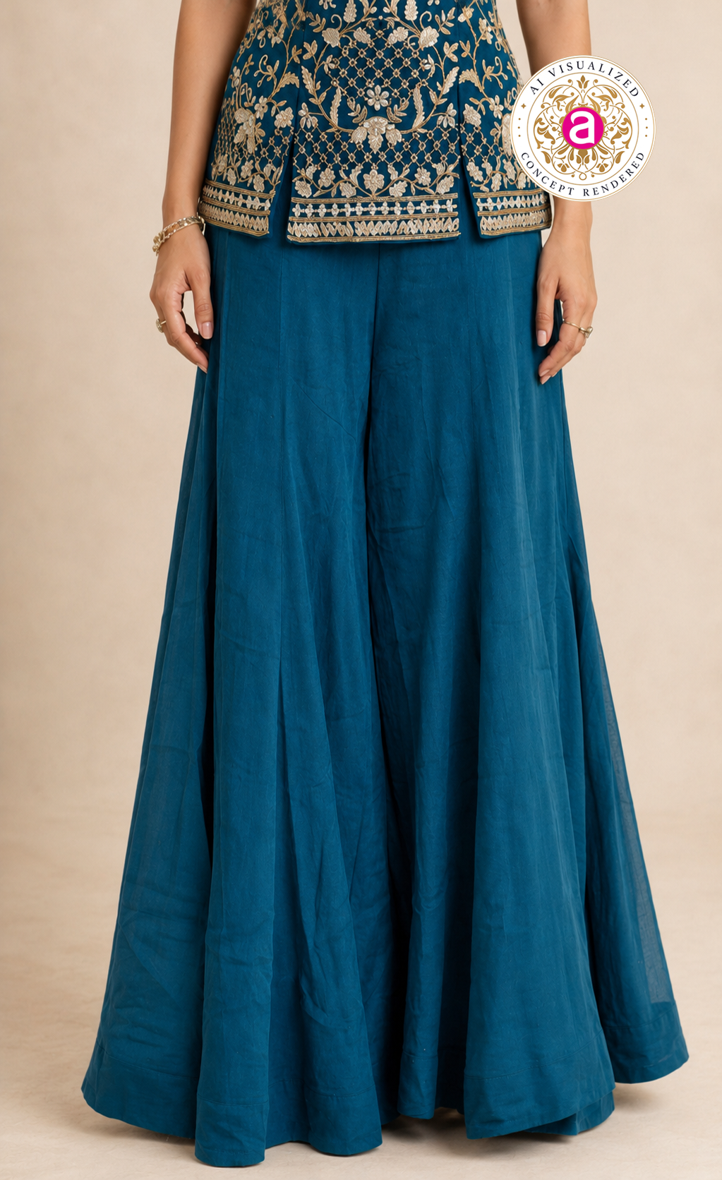 Teal Blue Indo-Western Palazzo Set with Embroidered Peplum Top