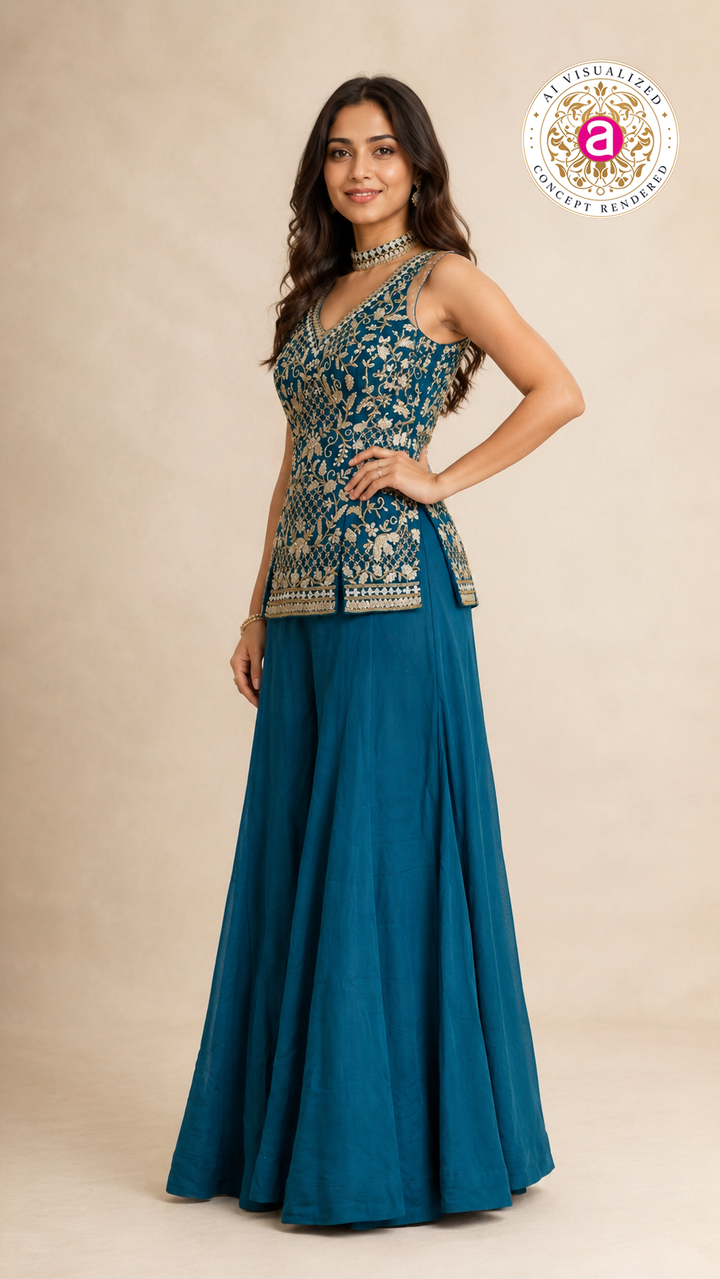Teal Blue Indo-Western Palazzo Set with Embroidered Peplum Top