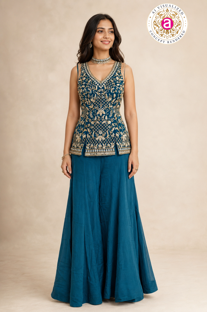 Teal Blue Indo-Western Palazzo Set with Embroidered Peplum Top