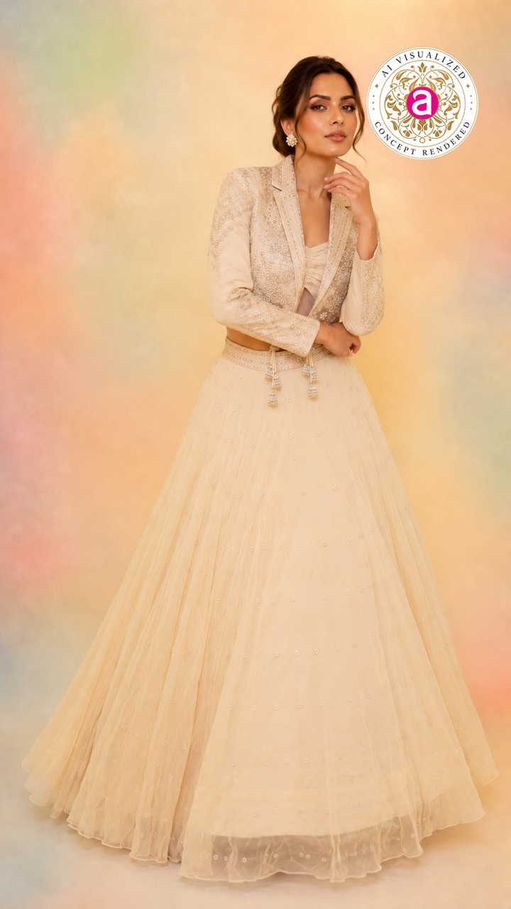 Ivory Indo-Western Lehenga Set with Embroidered Jacket & Contemporary Corset Blouse