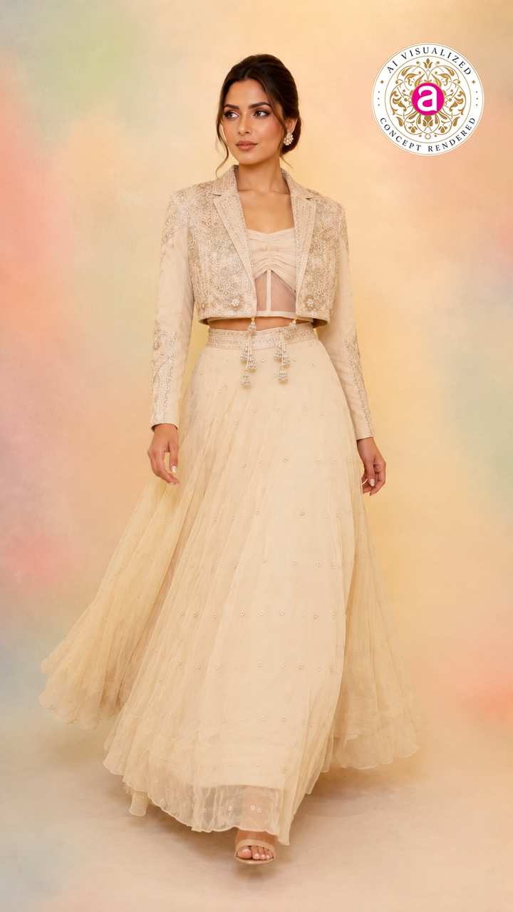 Ivory Indo-Western Lehenga Set with Embroidered Jacket & Contemporary Corset Blouse
