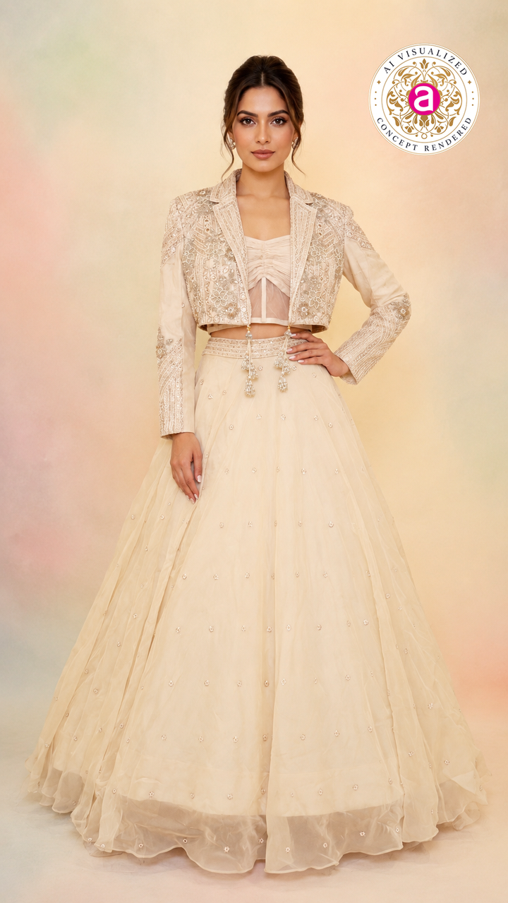 Ivory Indo-Western Lehenga Set with Embroidered Jacket & Contemporary Corset Blouse