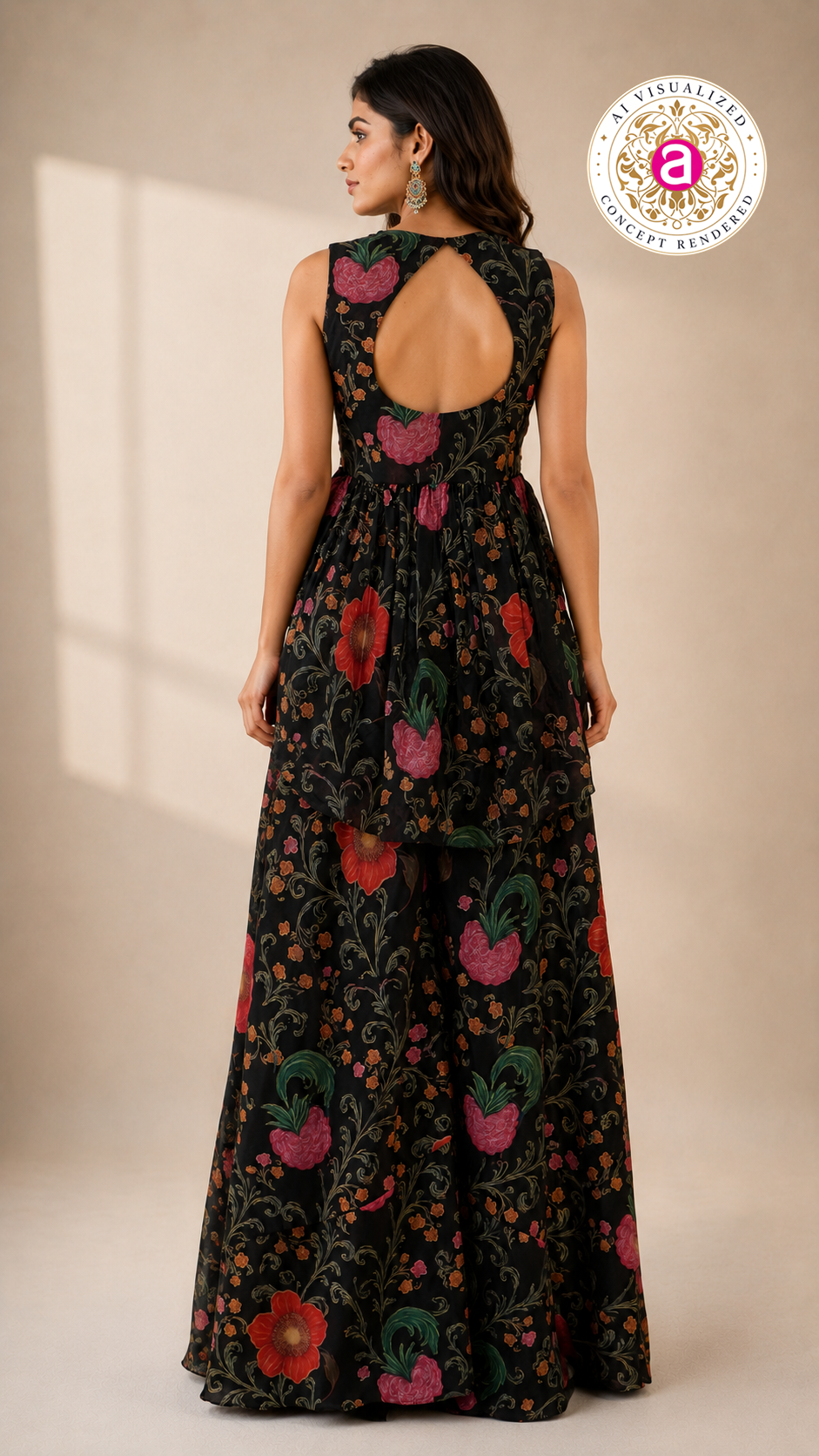 Black Floral Indo-Western Ruffle Gown with Printed Draped Detailing