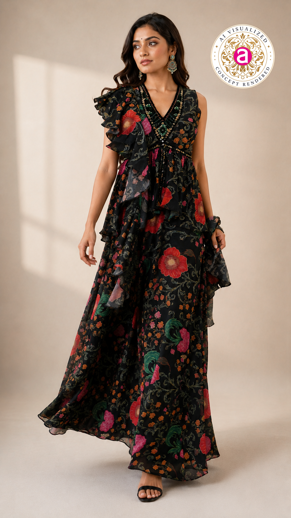 Black Floral Indo-Western Ruffle Gown with Printed Draped Detailing
