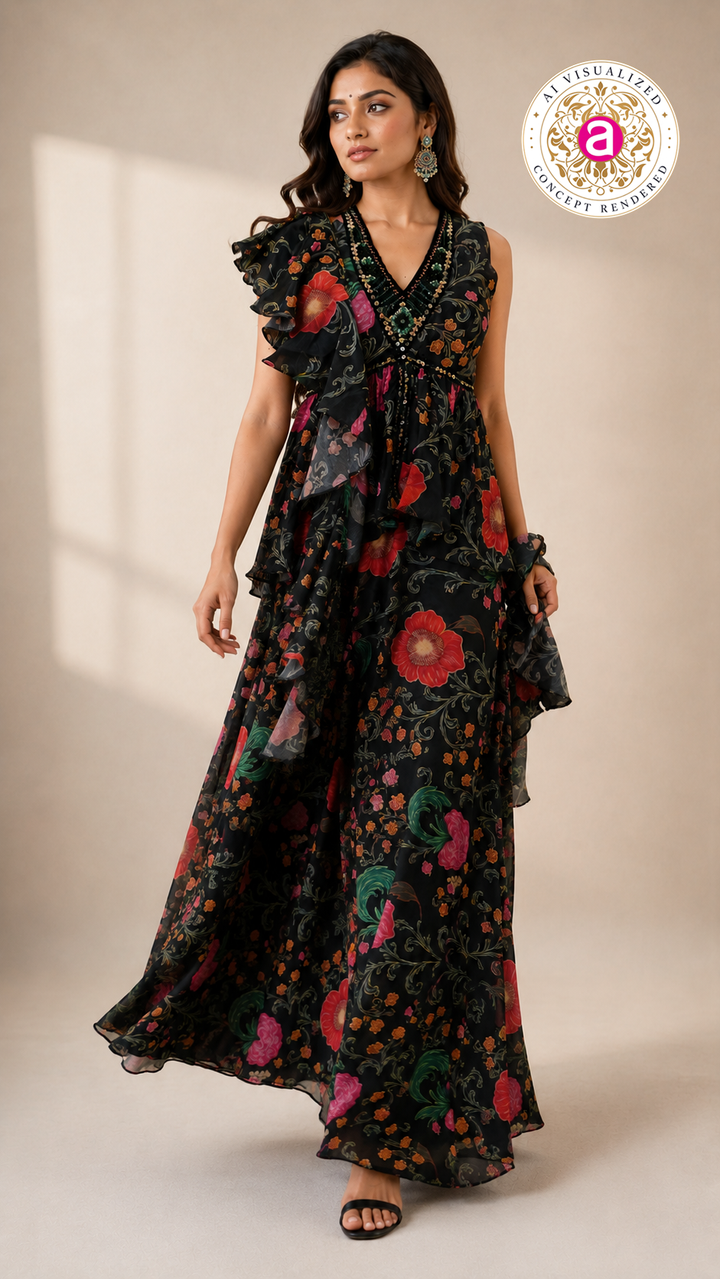 Black Floral Indo-Western Ruffle Gown with Printed Draped Detailing