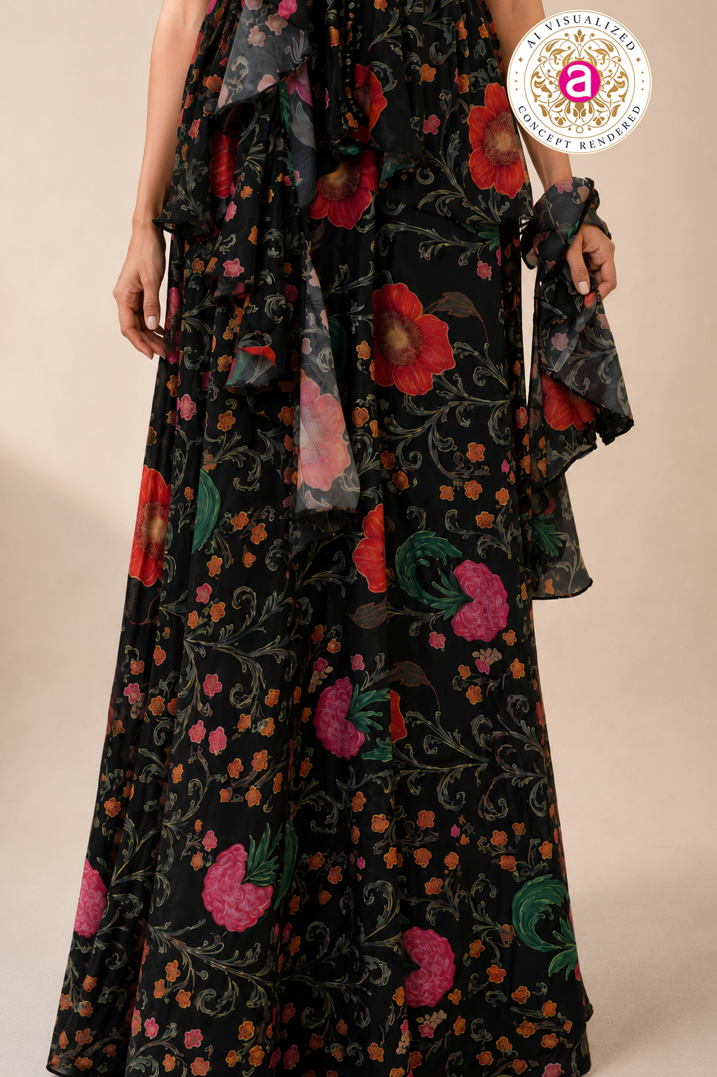 Black Floral Indo-Western Ruffle Gown with Printed Draped Detailing