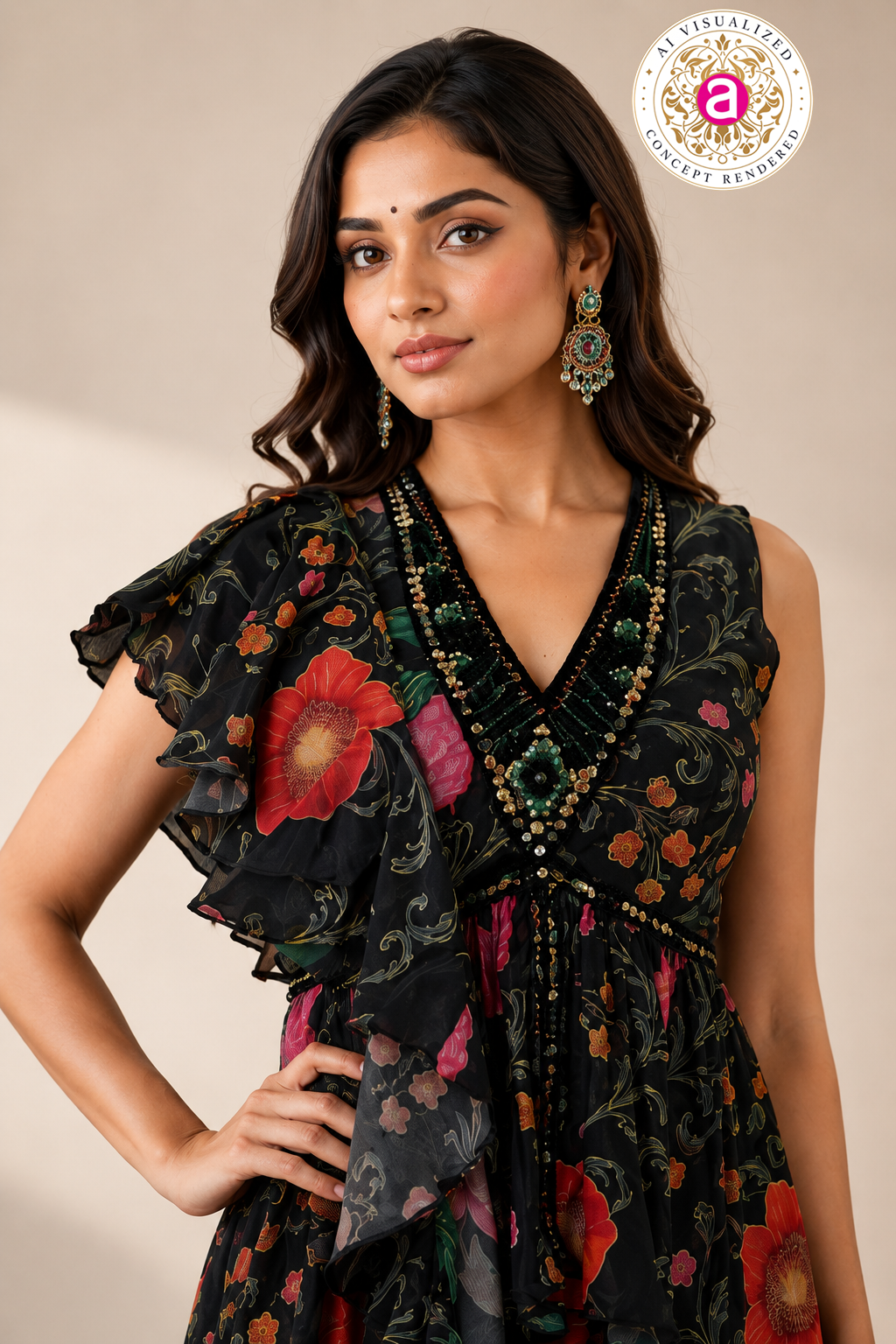 Black Floral Indo-Western Ruffle Gown with Printed Draped Detailing