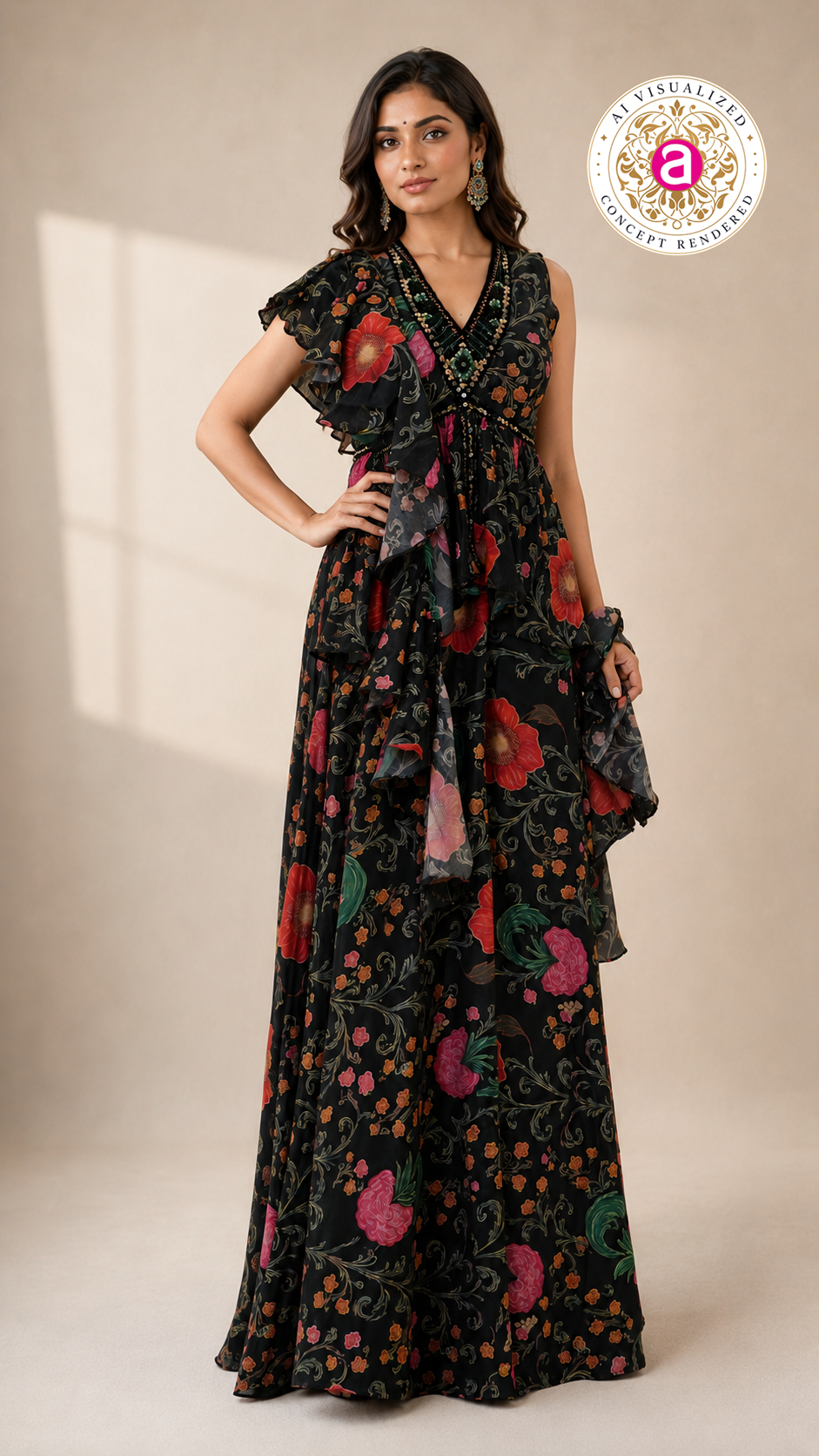 Black Floral Indo-Western Ruffle Gown with Printed Draped Detailing