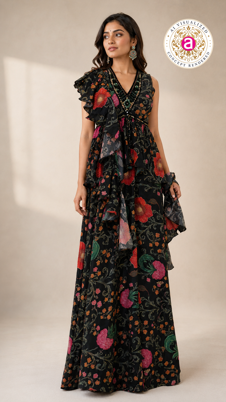 Black Floral Indo-Western Ruffle Gown with Printed Draped Detailing