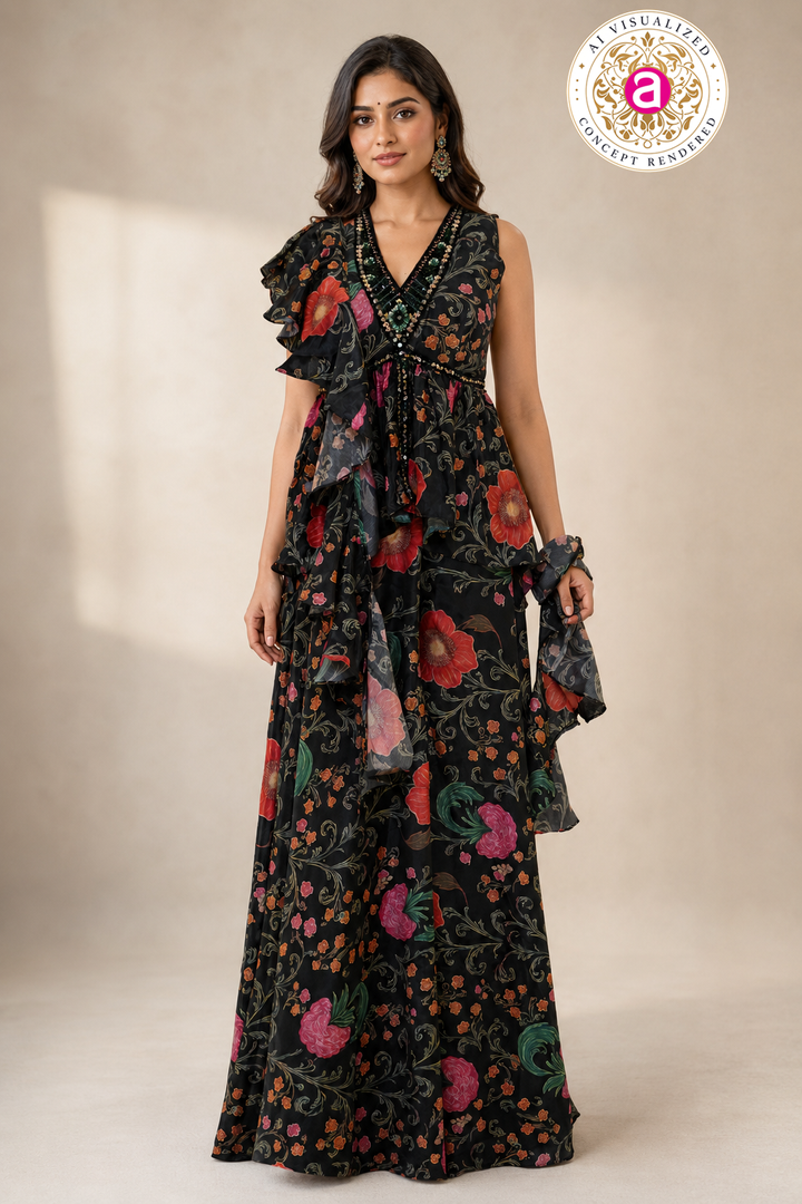 Black Floral Indo-Western Ruffle Gown with Printed Draped Detailing