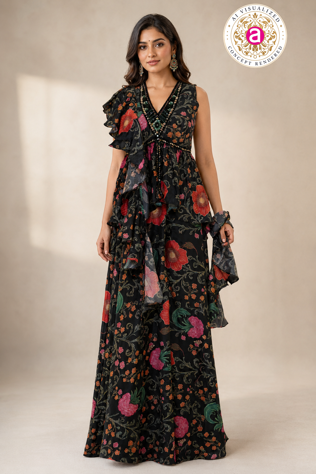 Black Floral Indo-Western Ruffle Gown with Printed Draped Detailing  AMRUT