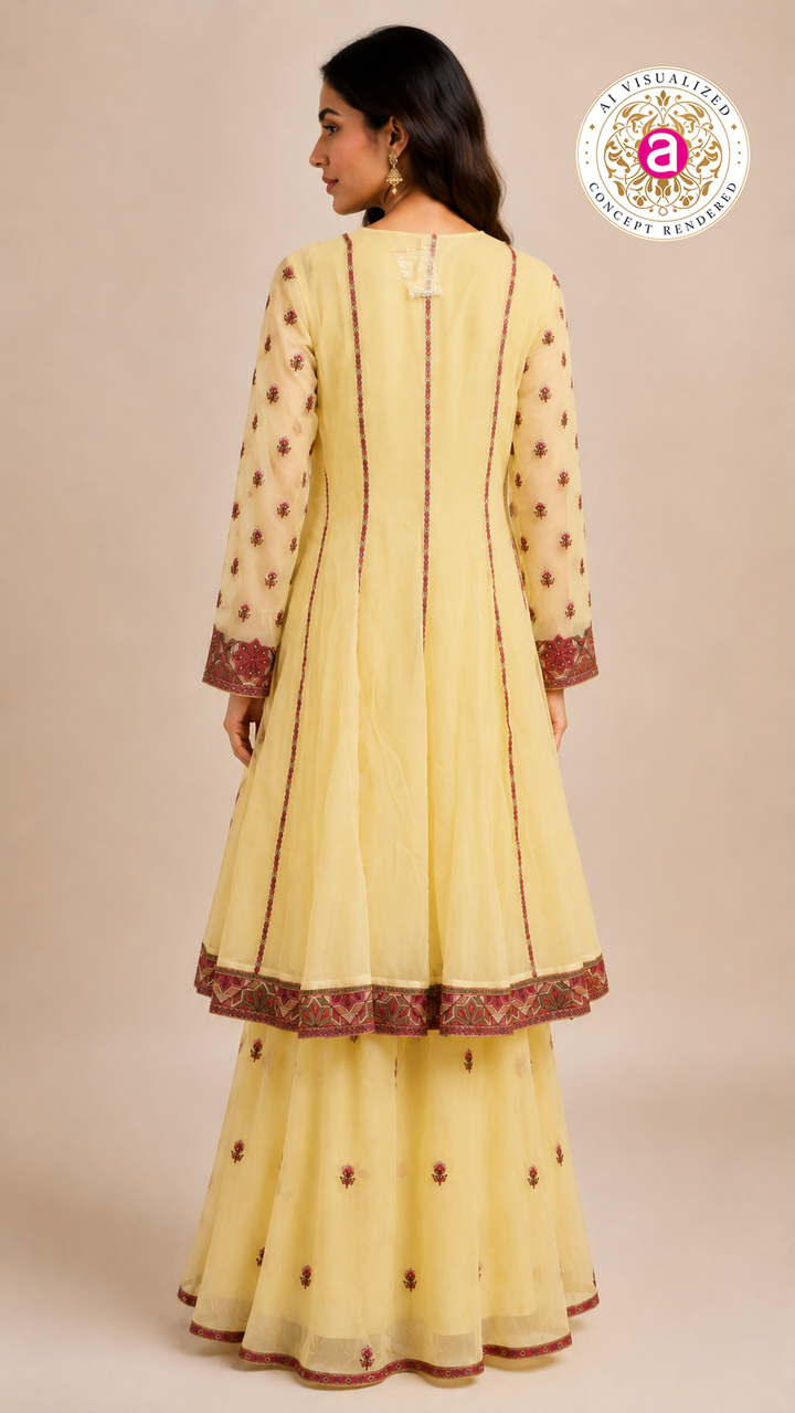 Pastel Yellow Embroidered Sharara Set with Heritage Motif Kurta