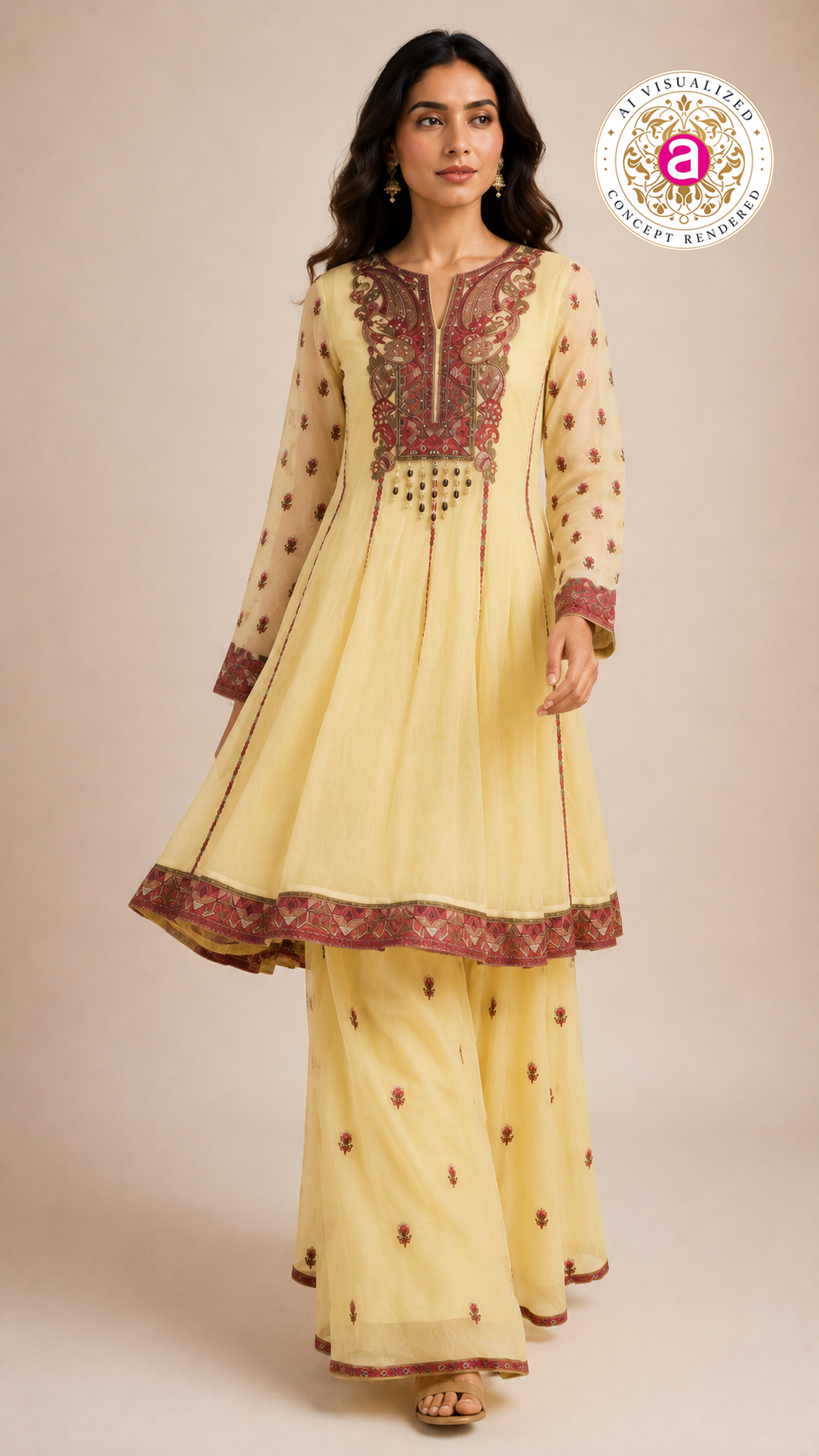 Pastel Yellow Embroidered Sharara Set with Heritage Motif Kurta