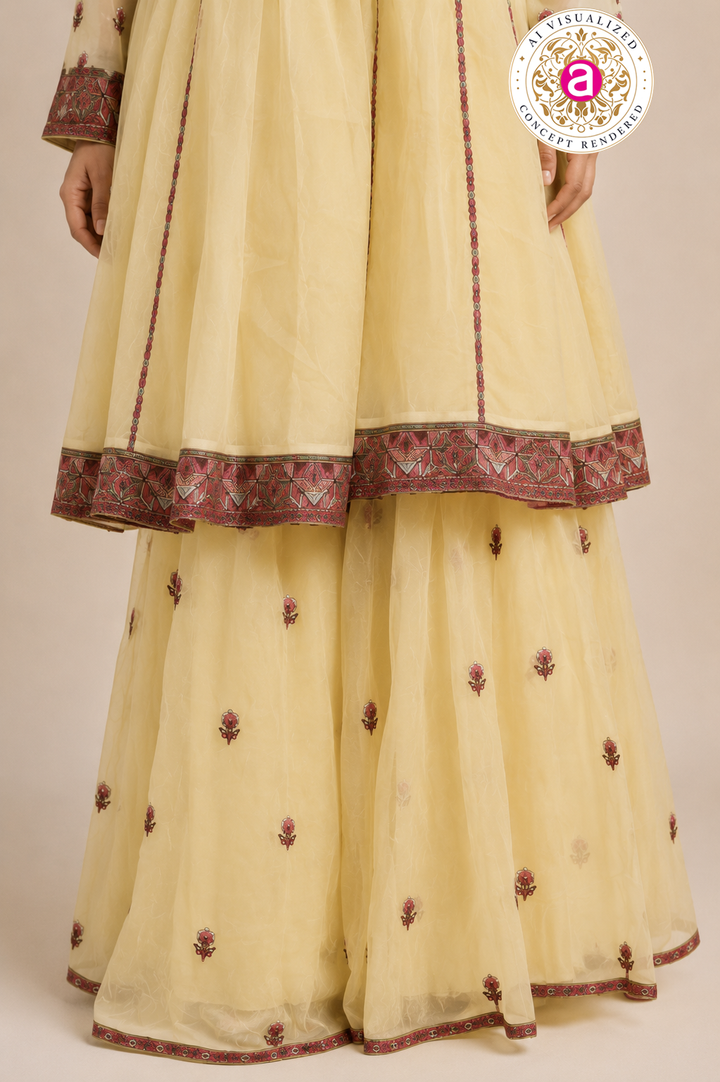 Pastel Yellow Embroidered Sharara Set with Heritage Motif Kurta
