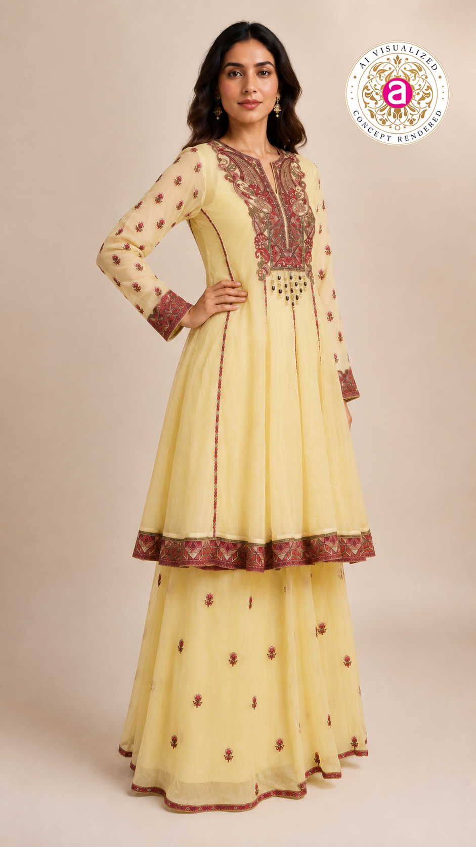 Pastel Yellow Embroidered Sharara Set with Heritage Motif Kurta