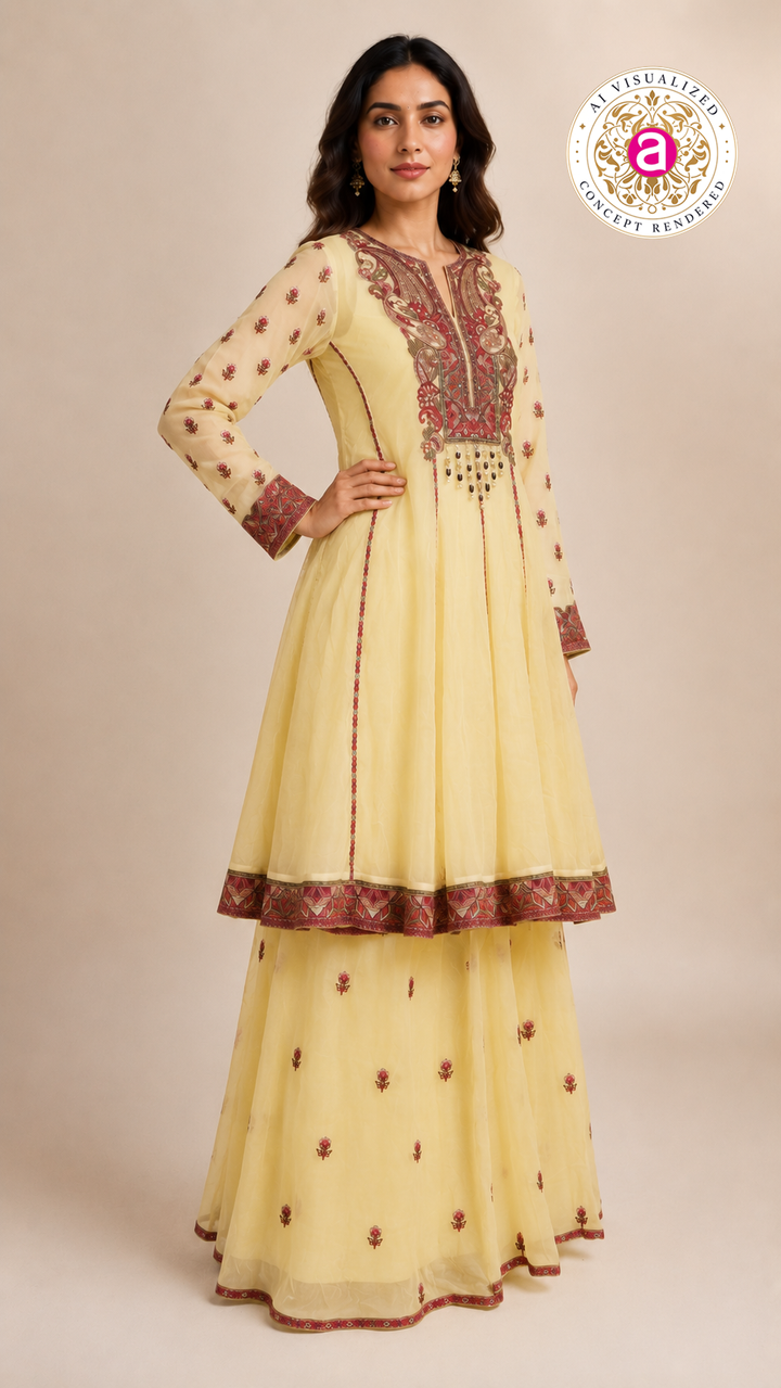 Pastel Yellow Embroidered Sharara Set with Heritage Motif Kurta