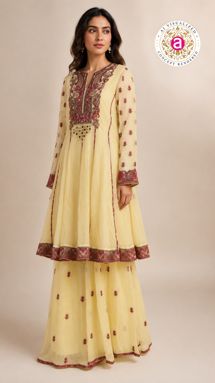 Pastel Yellow Embroidered Sharara Set with Heritage Motif Kurta