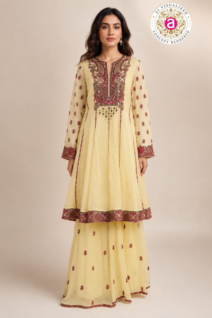 Pastel Yellow Embroidered Sharara Set with Heritage Motif Kurta