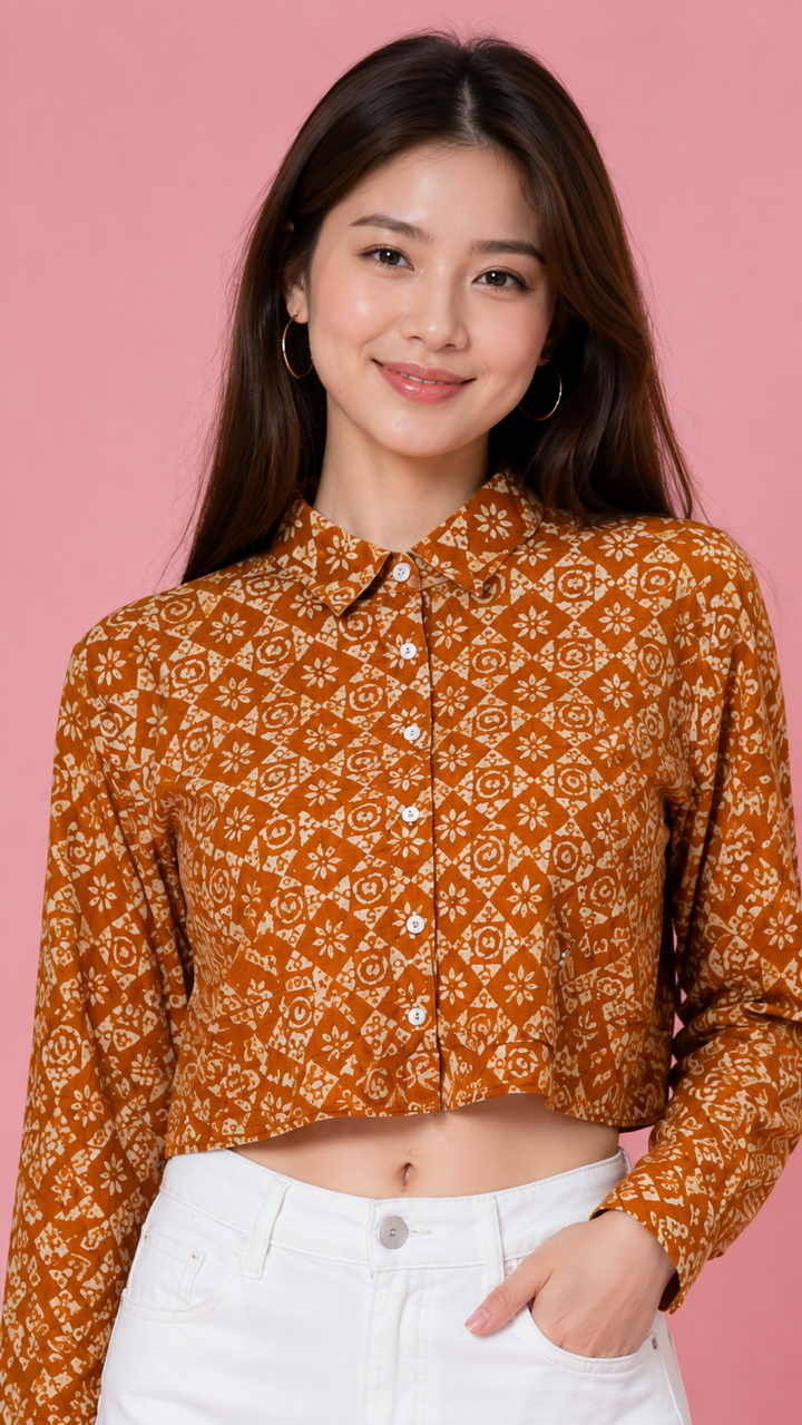 Women’s Rust Orange Printed Crop Shirt