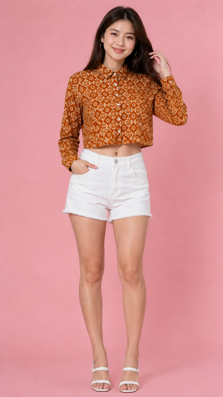 Women’s Rust Orange Printed Crop Shirt