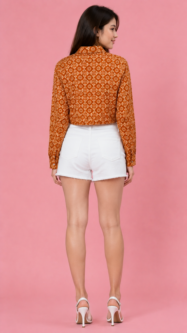 Women’s Rust Orange Printed Crop Shirt