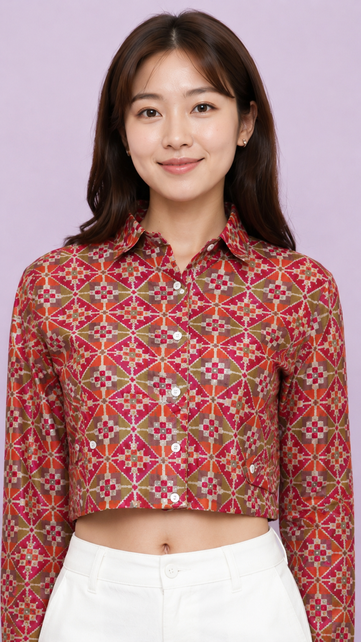 Women’s Red Geometric Printed Crop Shirt