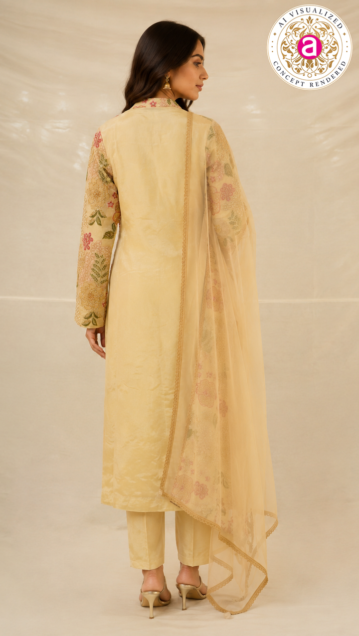 Pastel Beige Floral Embroidered Kurta Set with Organza Dupatta