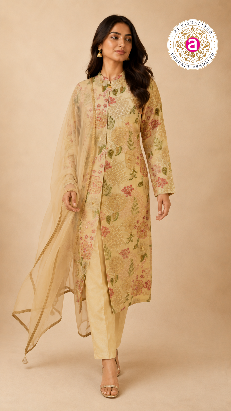 Pastel Beige Floral Embroidered Kurta Set with Organza Dupatta