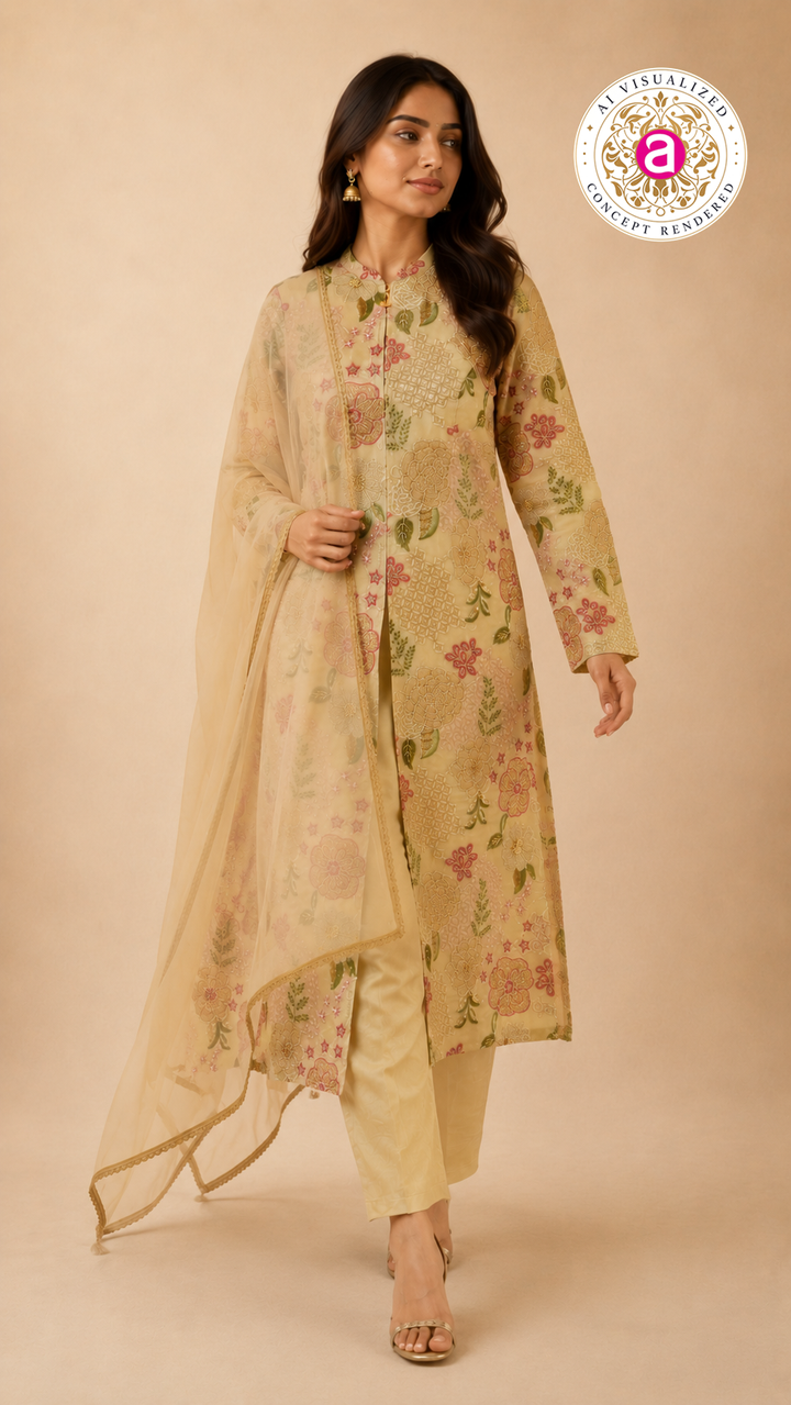 Pastel Beige Floral Embroidered Kurta Set with Organza Dupatta