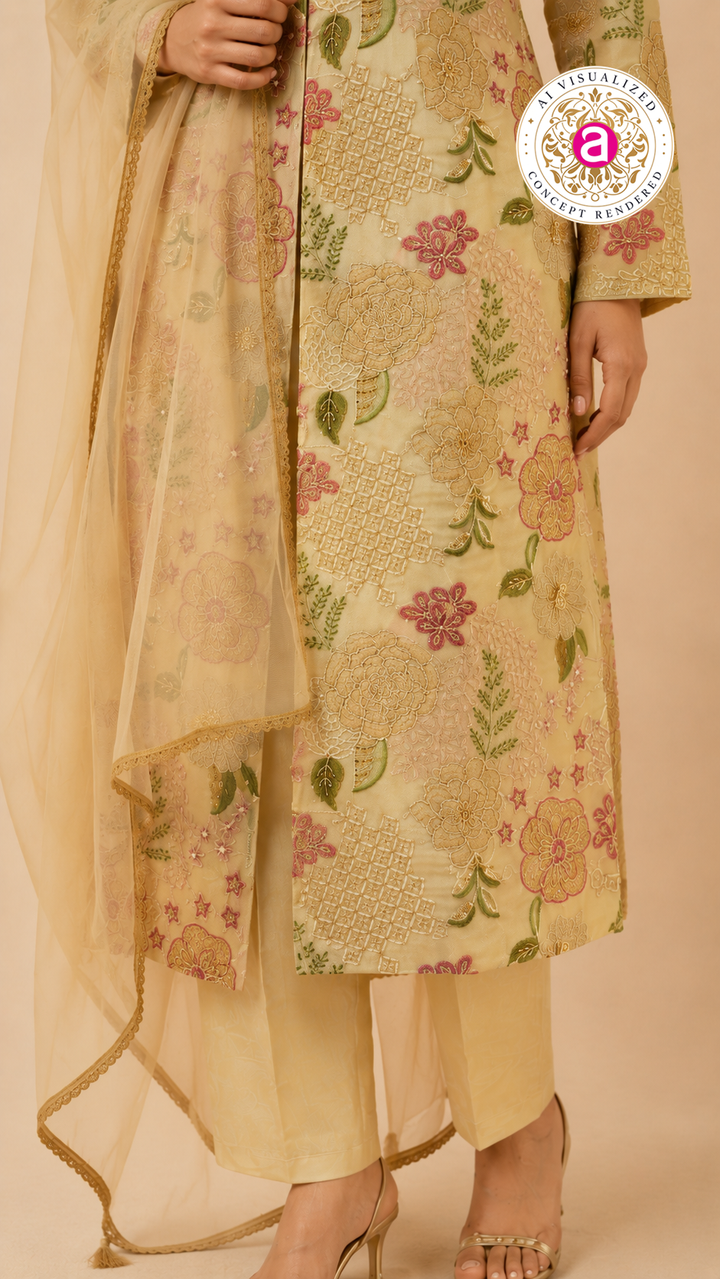Pastel Beige Floral Embroidered Kurta Set with Organza Dupatta