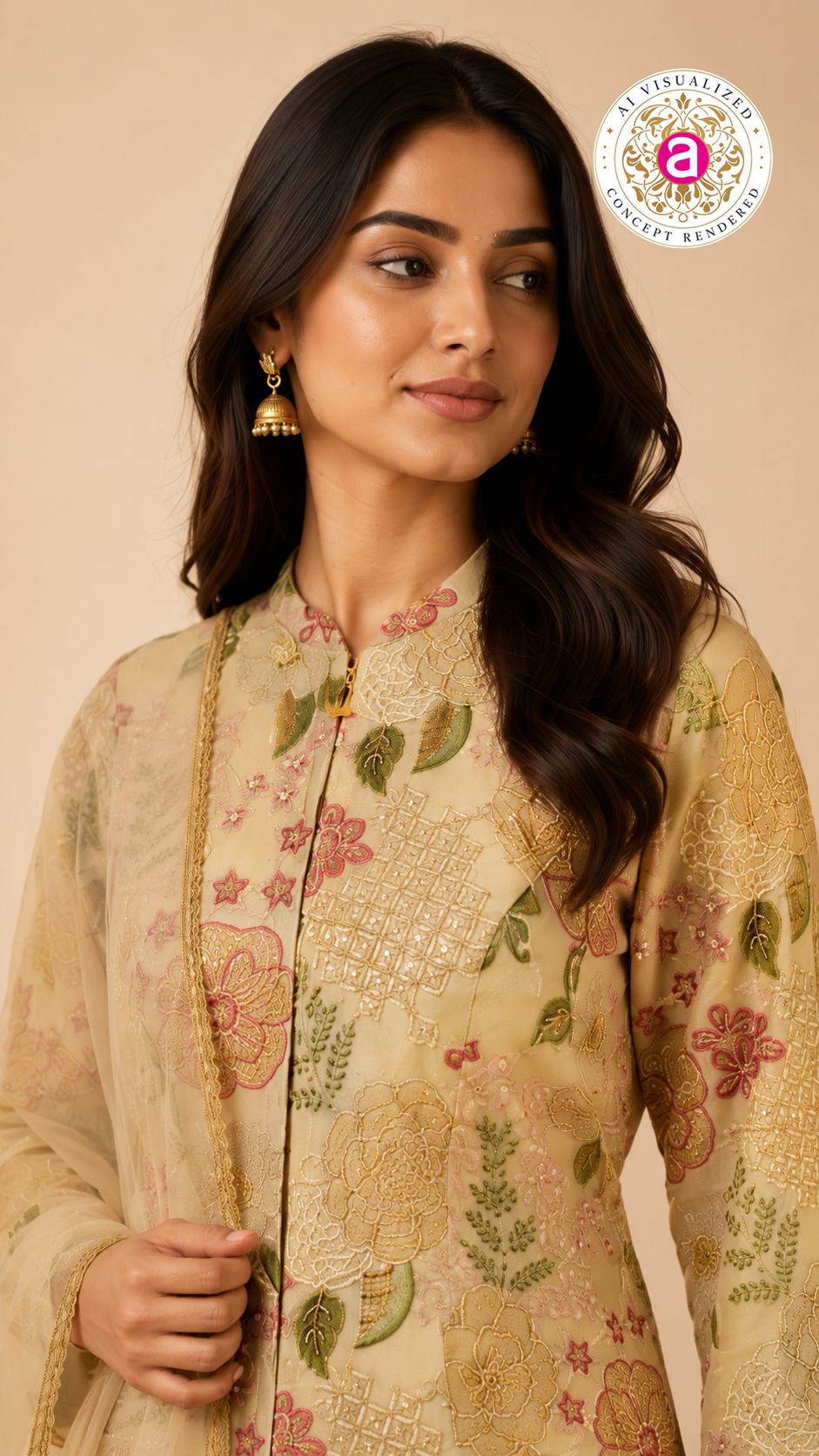 Pastel Beige Floral Embroidered Kurta Set with Organza Dupatta