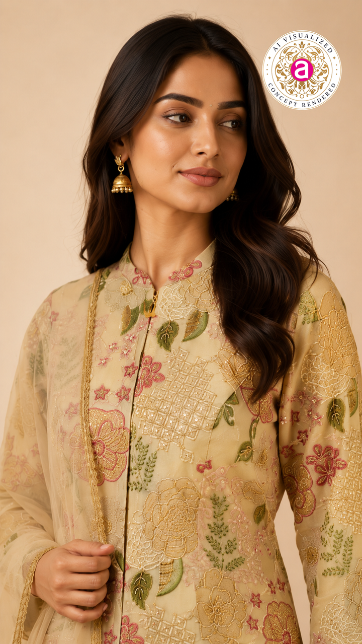 Pastel Beige Floral Embroidered Kurta Set with Organza Dupatta