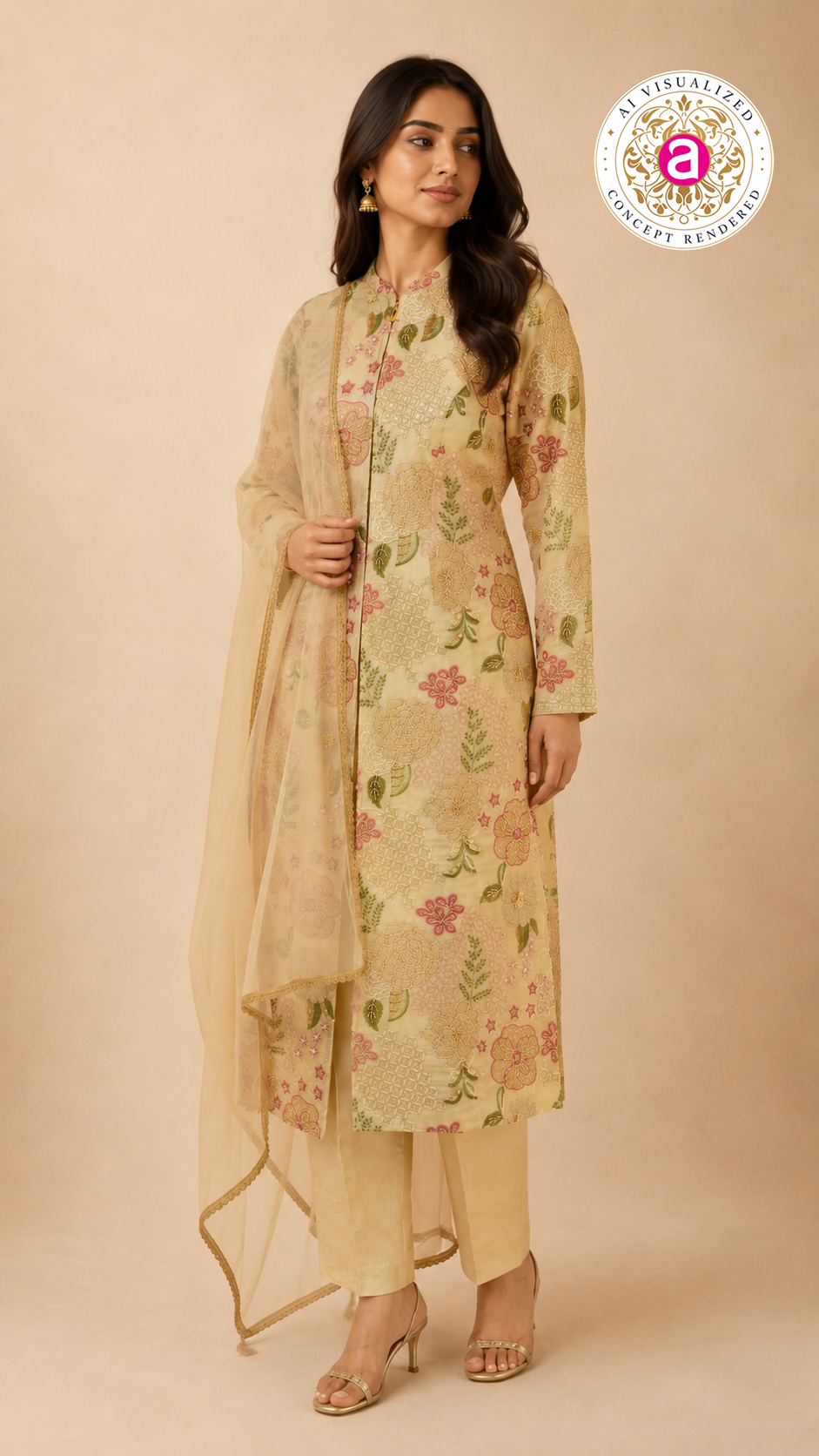 Pastel Beige Floral Embroidered Kurta Set with Organza Dupatta