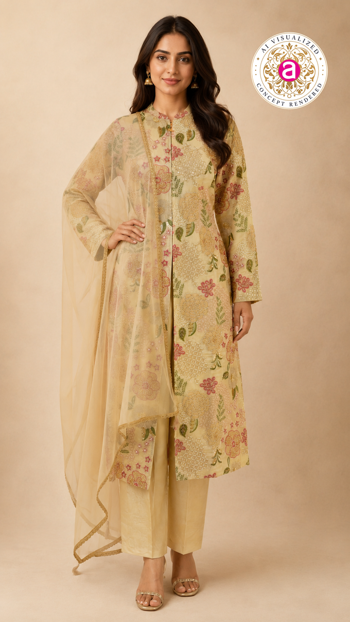 Pastel Beige Floral Embroidered Kurta Set with Organza Dupatta