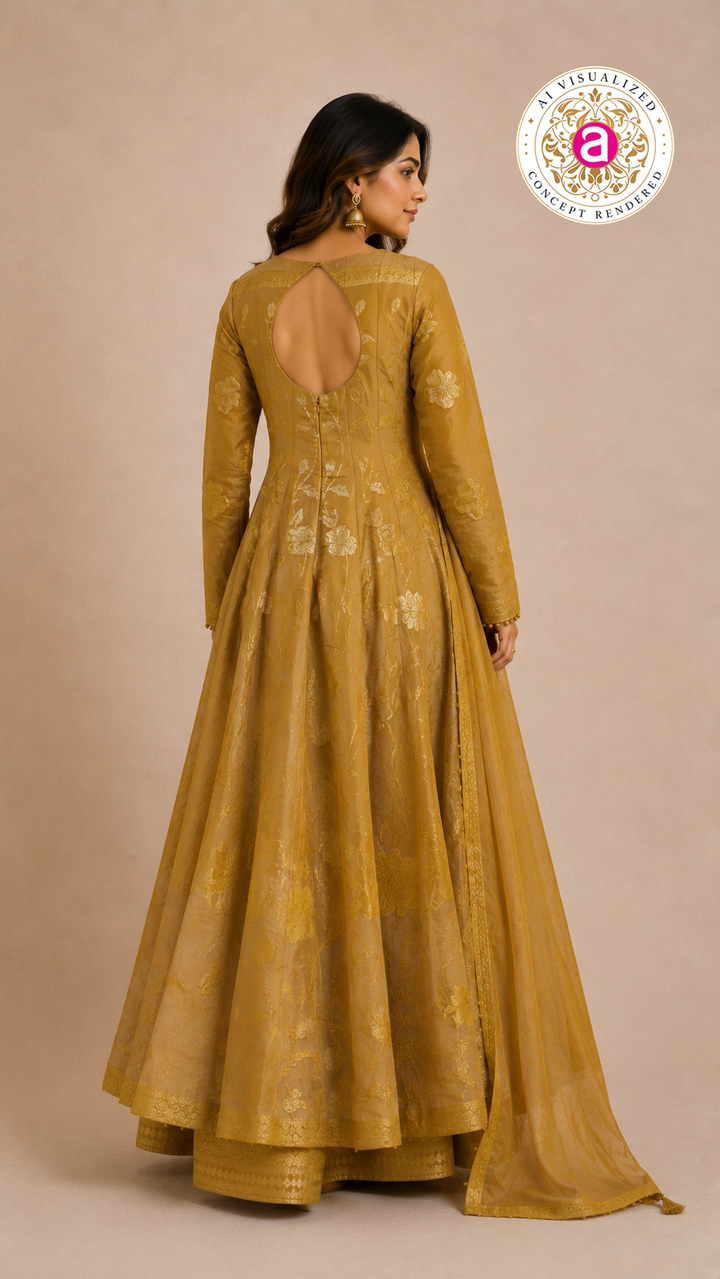 Mustard Gold Embroidered Anarkali Suit Set with Jacquard Palazzo & Dupatta