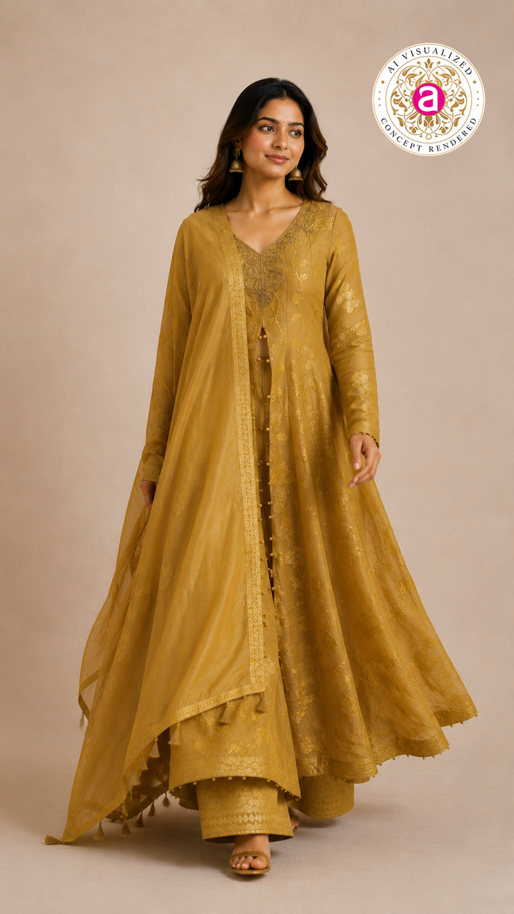 Mustard Gold Embroidered Anarkali Suit Set with Jacquard Palazzo & Dupatta