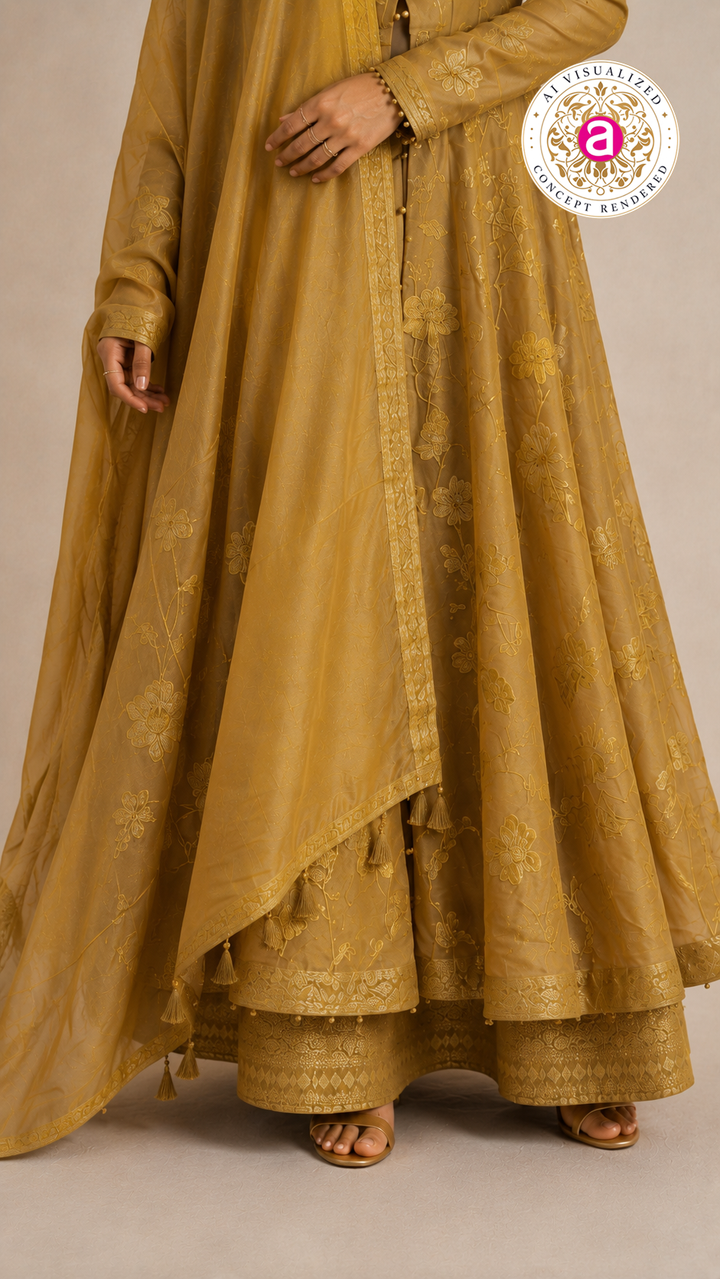 Mustard Gold Embroidered Anarkali Suit Set with Jacquard Palazzo & Dupatta