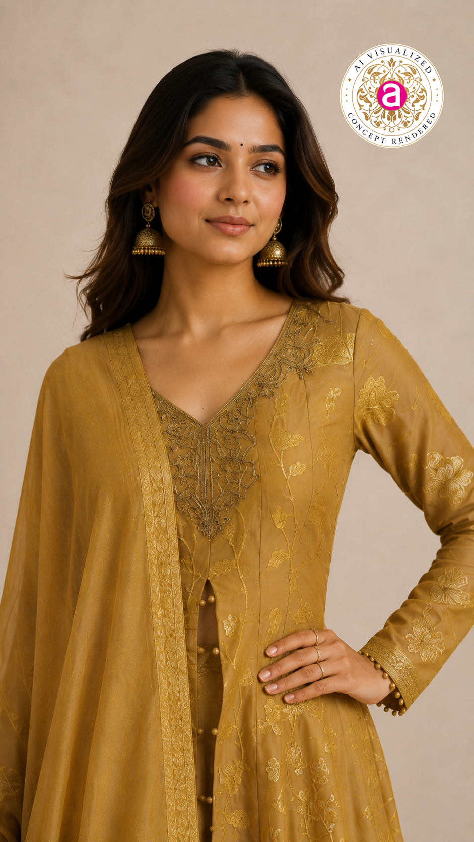 Mustard Gold Embroidered Anarkali Suit Set with Jacquard Palazzo & Dupatta