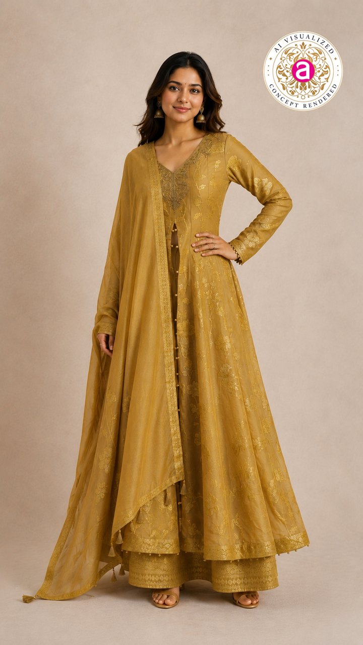 Mustard Gold Embroidered Anarkali Suit Set with Jacquard Palazzo & Dupatta