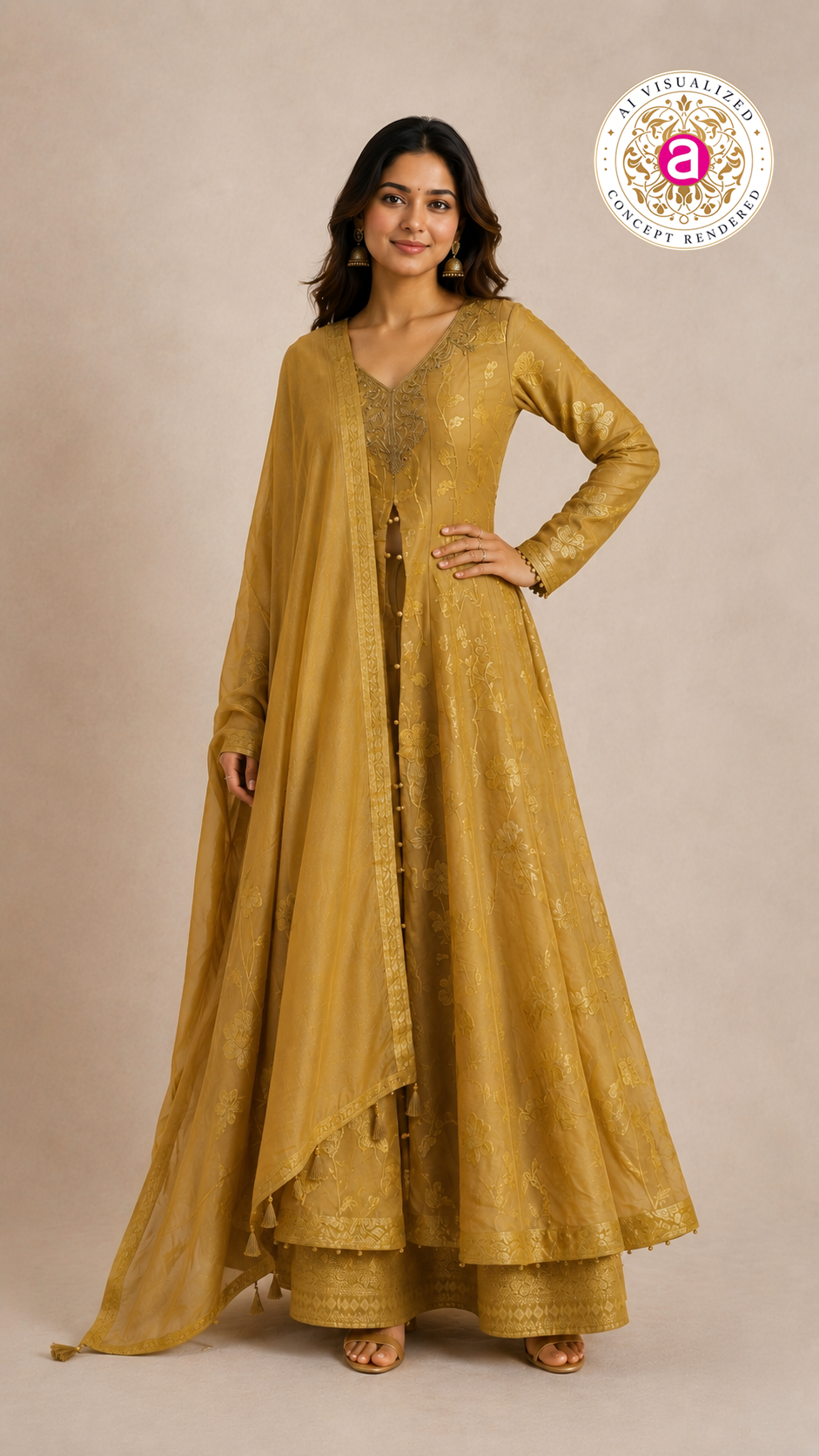 Mustard Gold Embroidered Anarkali Suit Set with Jacquard Palazzo & Dup AMRUT Mustard Gold Embroidered Anarkali Suit Set with Jacquard Palazzo & Dup AMRUT