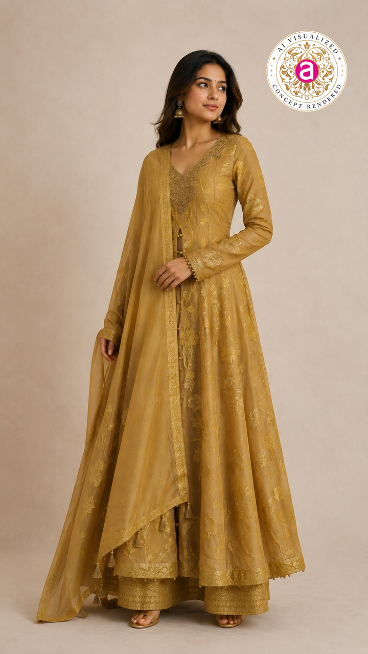 Mustard Gold Embroidered Anarkali Suit Set with Jacquard Palazzo & Dupatta