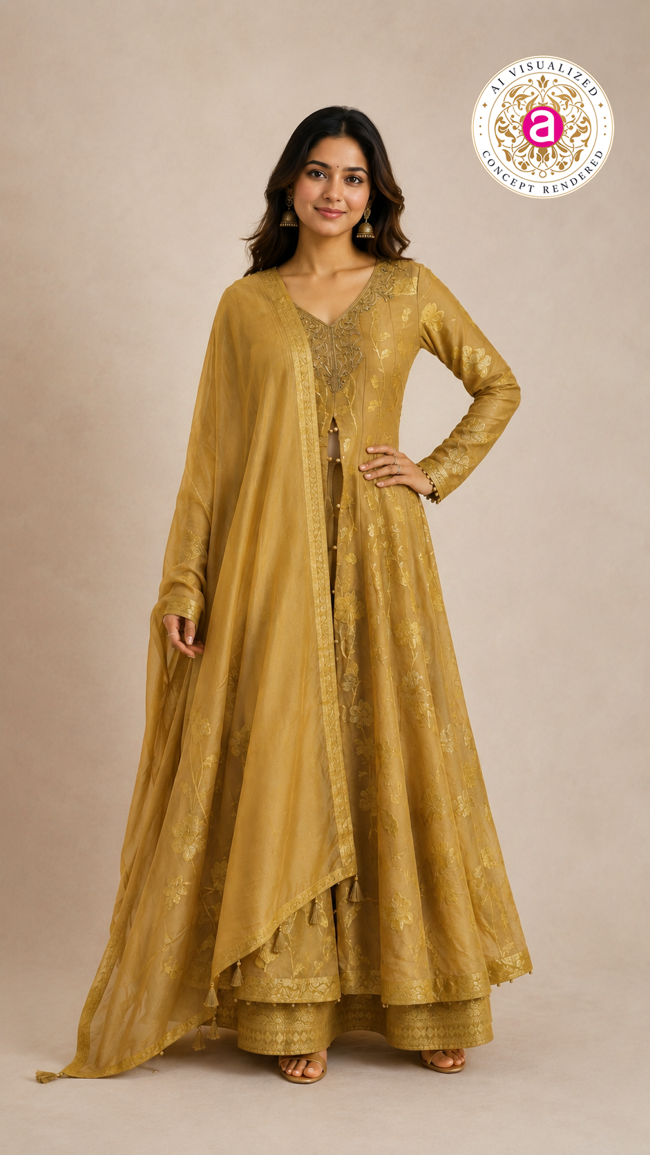 Mustard Gold Embroidered Anarkali Suit Set with Jacquard Palazzo & Dupatta