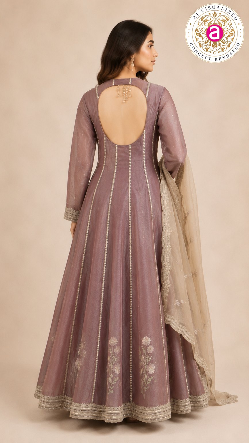 Dusty Mauve Embroidered Anarkali Suit Set with Floral Organza Dupatta