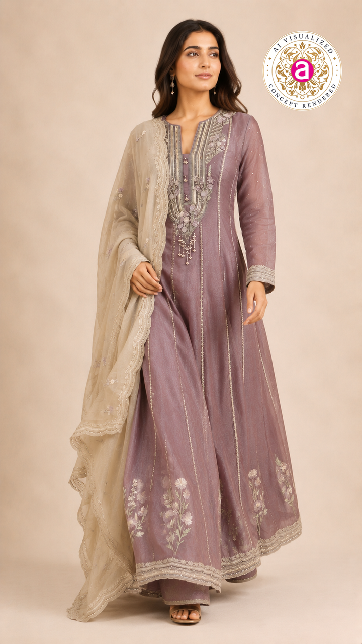 Dusty Mauve Embroidered Anarkali Suit Set with Floral Organza Dupatta