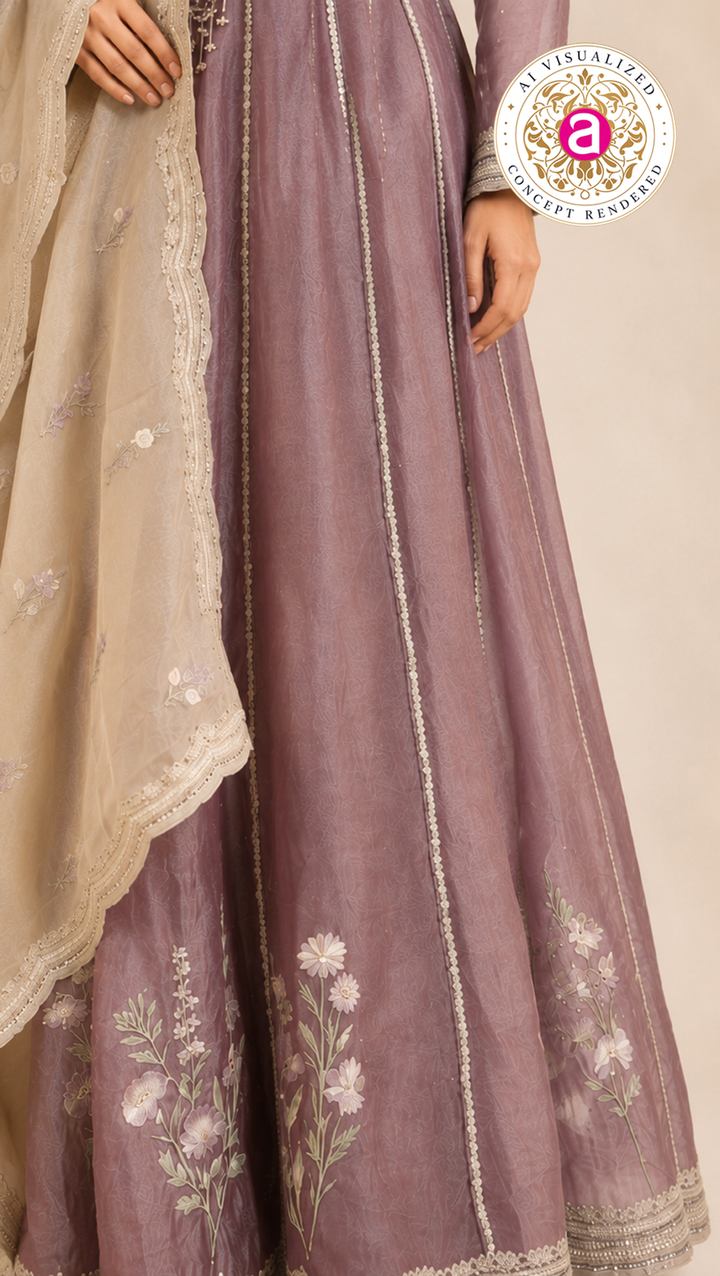Dusty Mauve Embroidered Anarkali Suit Set with Floral Organza Dupatta
