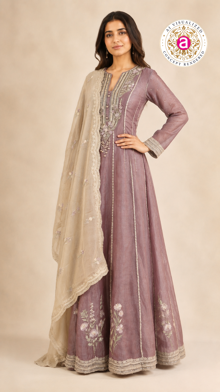 Dusty Mauve Embroidered Anarkali Suit Set with Floral Organza Dupatta