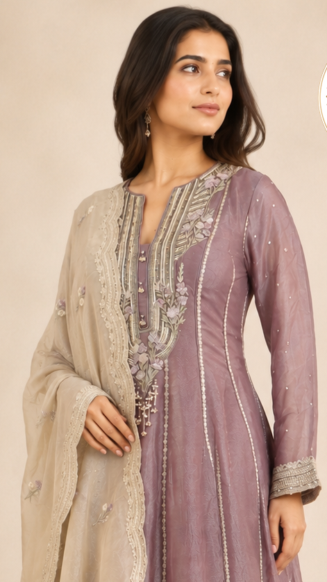 Dusty Mauve Embroidered Anarkali Suit Set with Floral Organza Dupatta